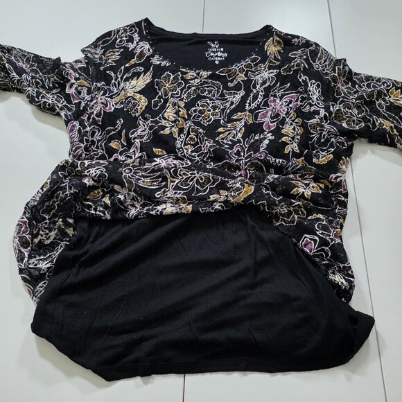 Canda C&A Top Womens L Black Floral Lined 3/4 Sheer Sleeves Lagenlook Whimsigoth - Picture 11 of 15